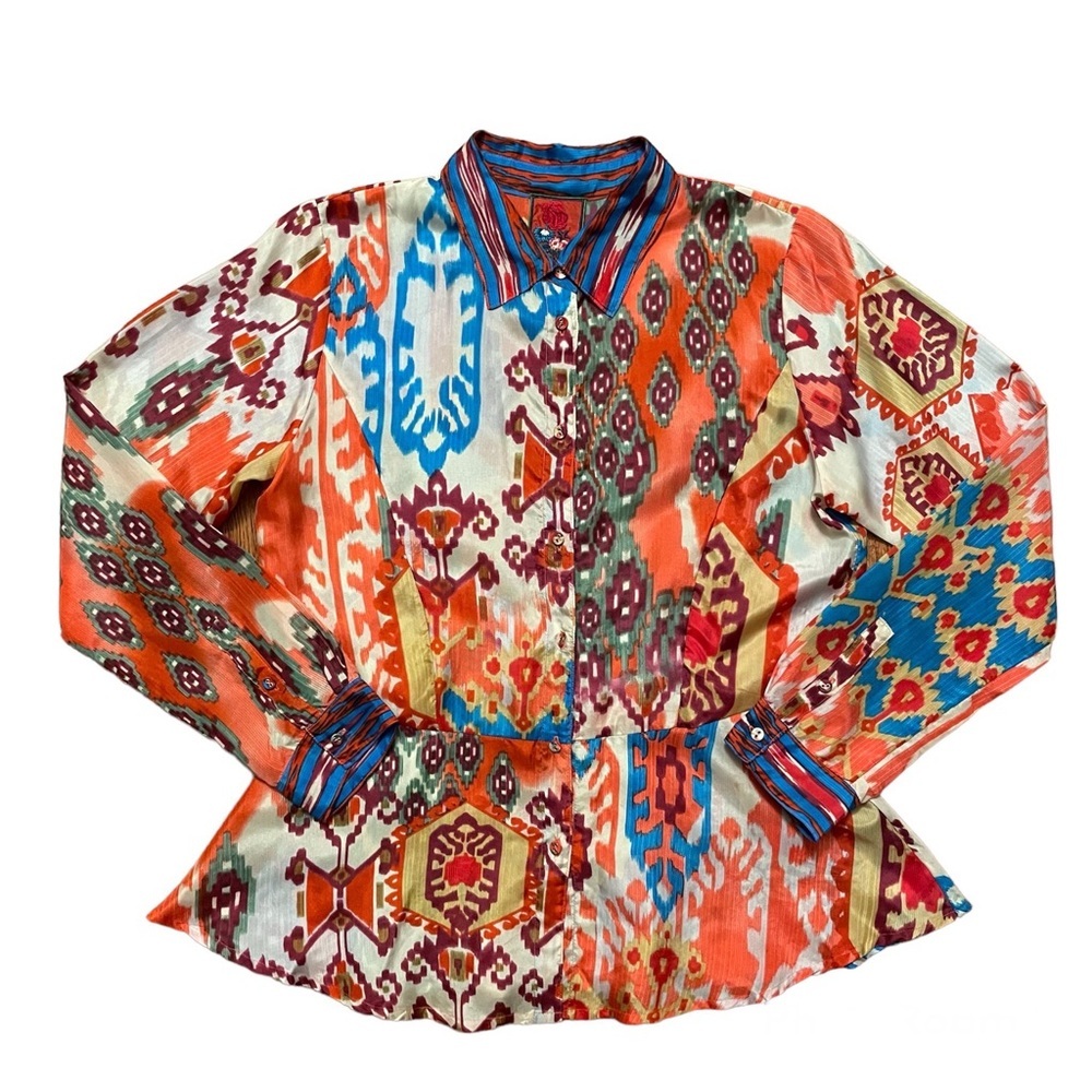 Johnny Was multicolor silk peplum button up blouse top size XS